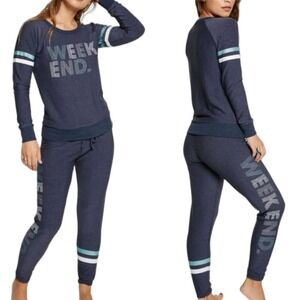 Chaser Cozy Weekend Blue Glitter Sweater Sweatpants Set Medium NEW Striped